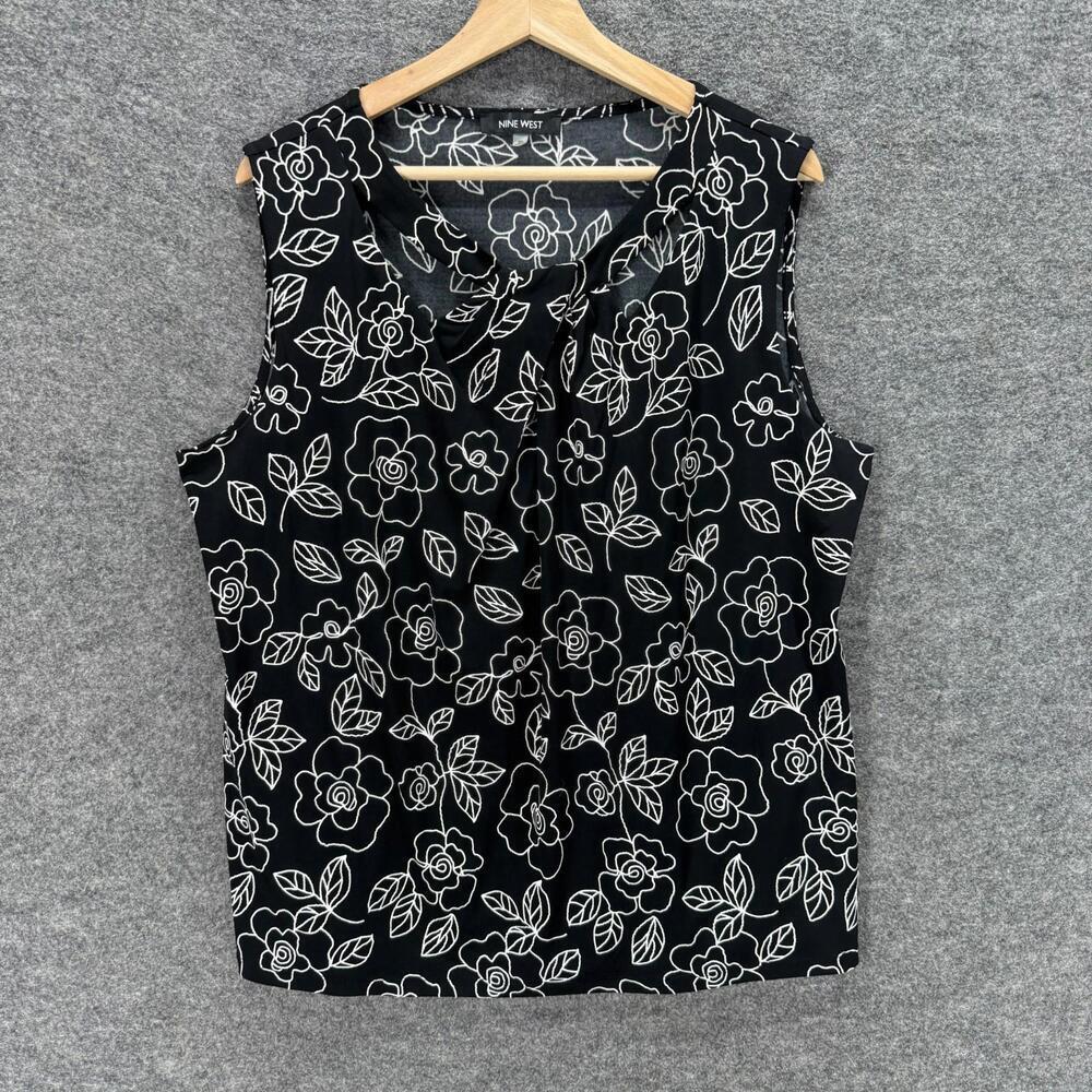 Nine West Blouse Women 2X Plus Black Floral Sleeveless Wide Strap Lined Casual